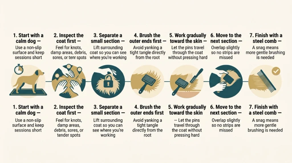 Seven-step Poodle brushing process from coat inspection and line brushing to a final steel-comb check.