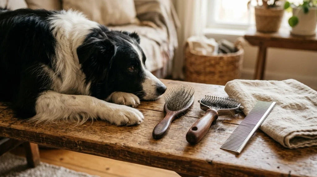 Pin brush, undercoat rake, and metal comb beside a Border Collie ready for grooming