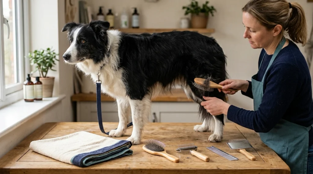 Border Collie beside pin brush, slicker, undercoat rake, and steel comb for different grooming jobs.