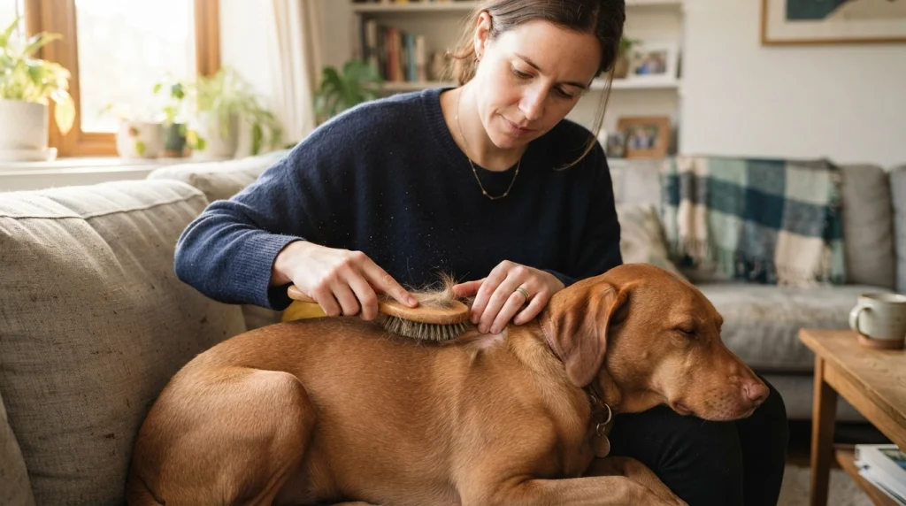Bristle brush removing loose hair and dirt while smoothing a short-haired dog's coat
