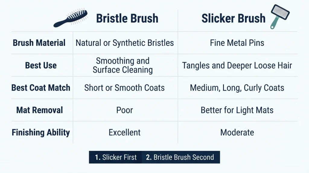 Bristle brush vs slicker brush comparison for coat type, tangles, and finishing