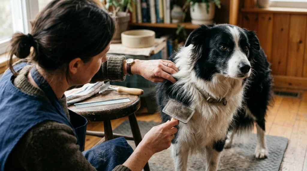 Owner parts a Border Collie coat and brushes the undercoat gently in small sections