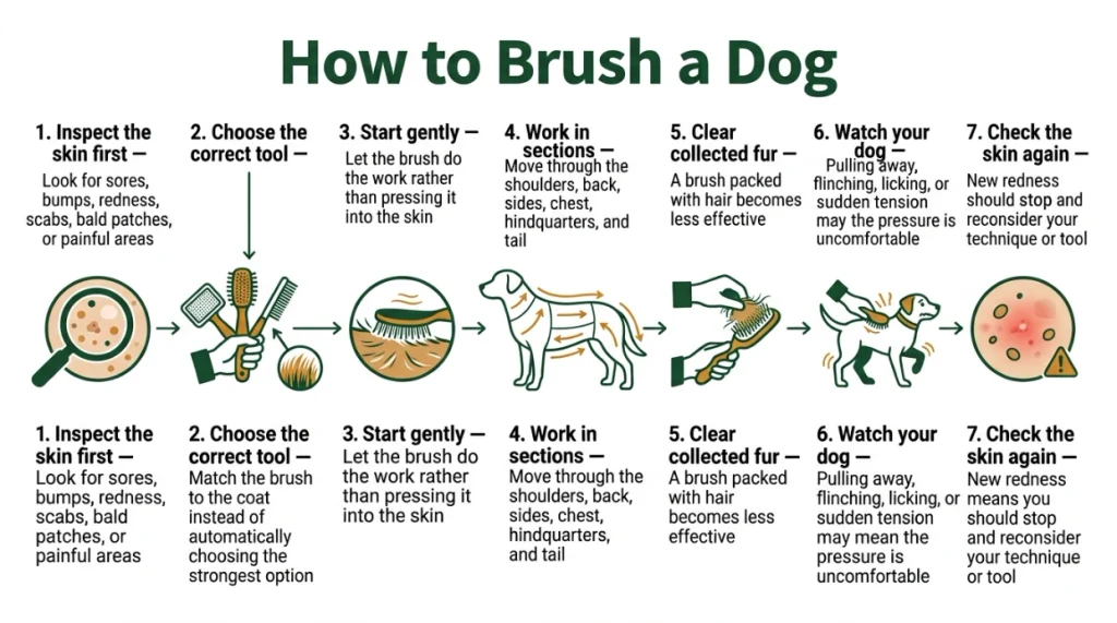Seven-step dog brushing process showing safe tool choice, light pressure and skin checks.