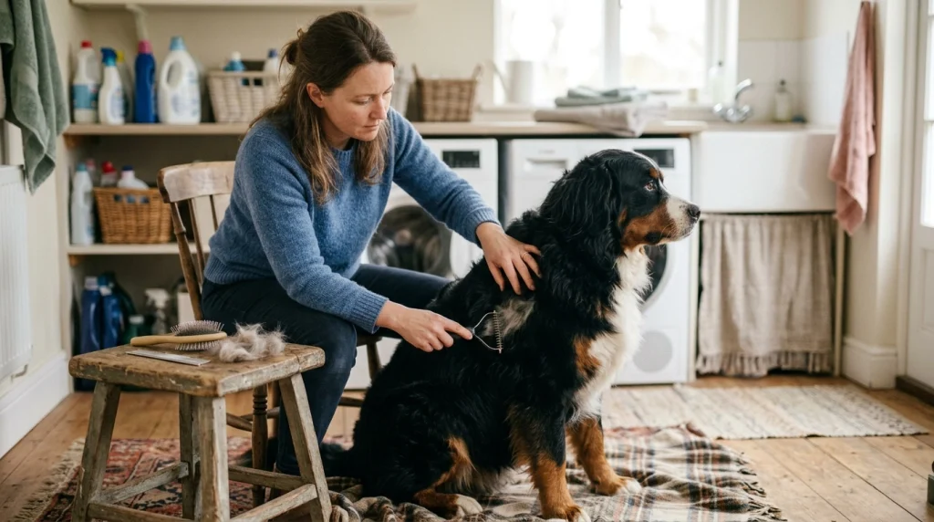 Owner brushing a double-coated dog correctly with an undercoat rake.
