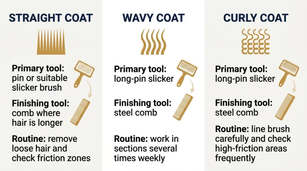Infographic comparing brushing tools for straight, wavy and curly Goldendoodle coats