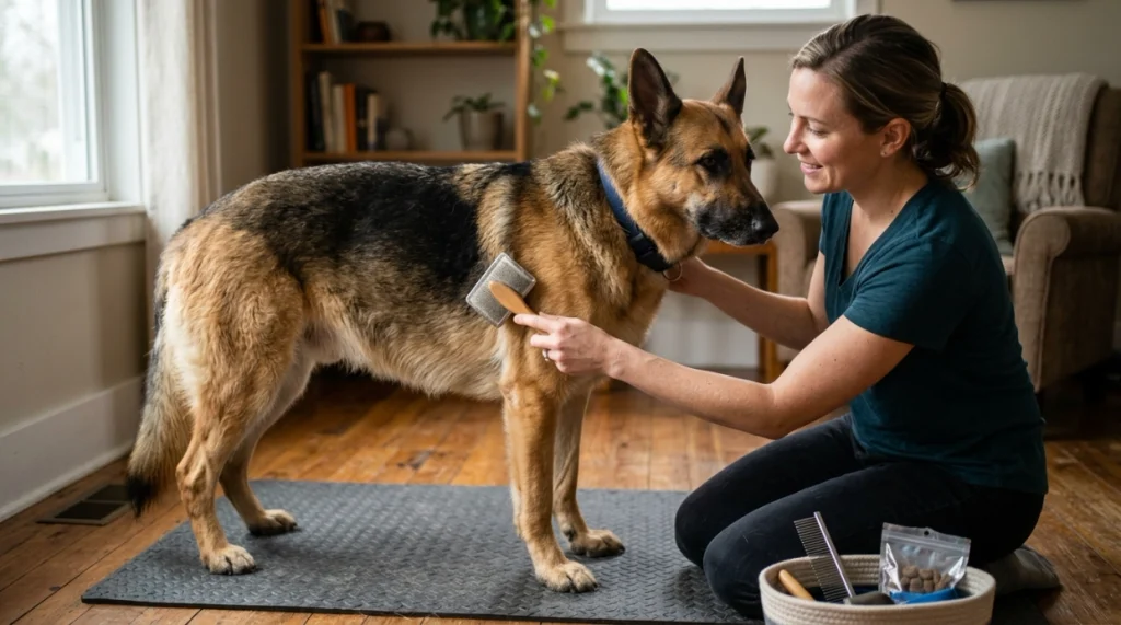 Owner gently brushing German Shepherd coat sections