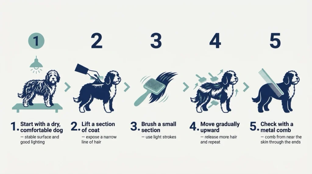 Five-step infographic explaining line brushing and comb checking a Goldendoodle coat.