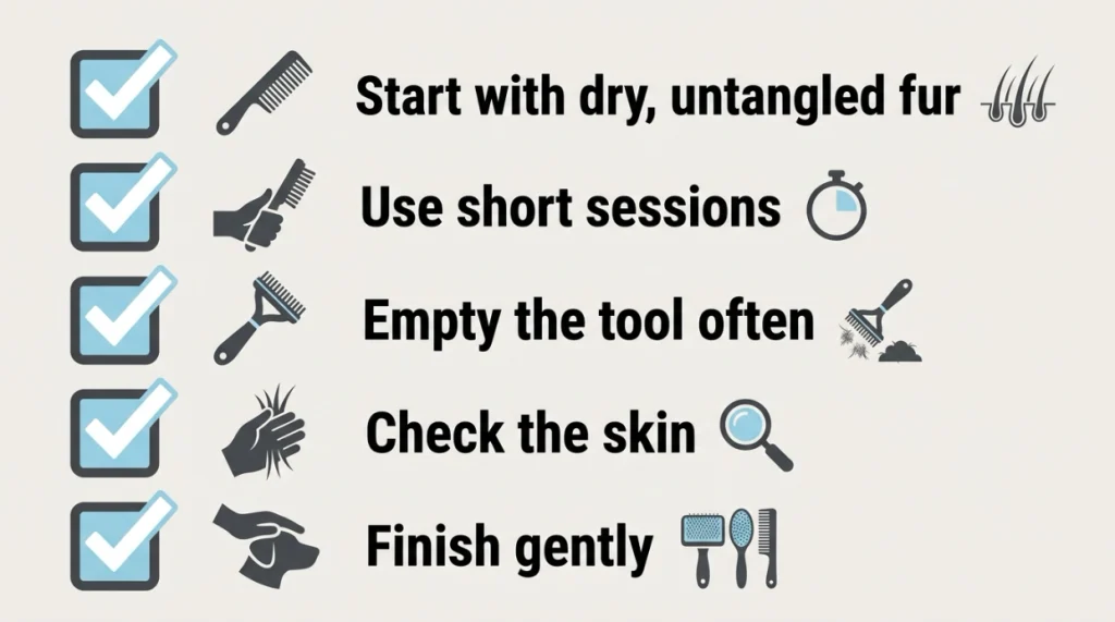 Checklist showing how to brush a Husky during seasonal shedding without irritating the skin