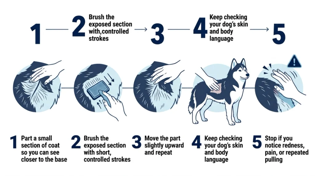 Owner line brushing a Husky gently by parting the coat and using short controlled strokes