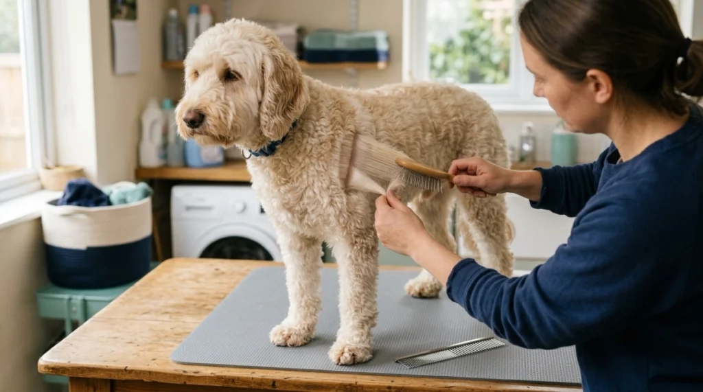 Owner line brushing a Labradoodle in small coat sections with a long-pin slicker brush