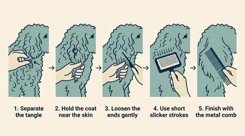 Five-step infographic showing how to brush a Labradoodle tangle without pulling or hurting the skin