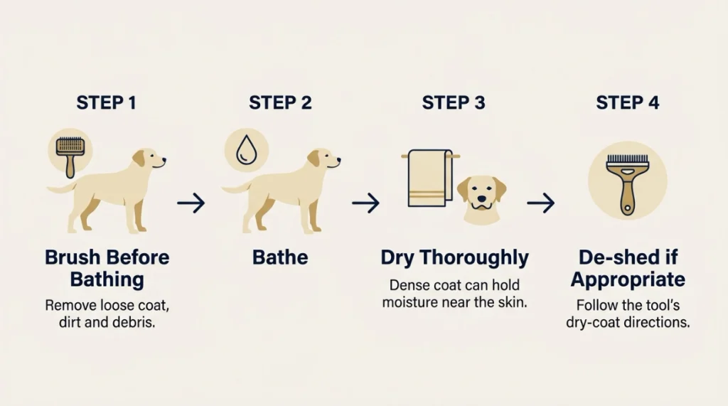 Four-step Labrador grooming process showing brushing before bathing and drying afterward