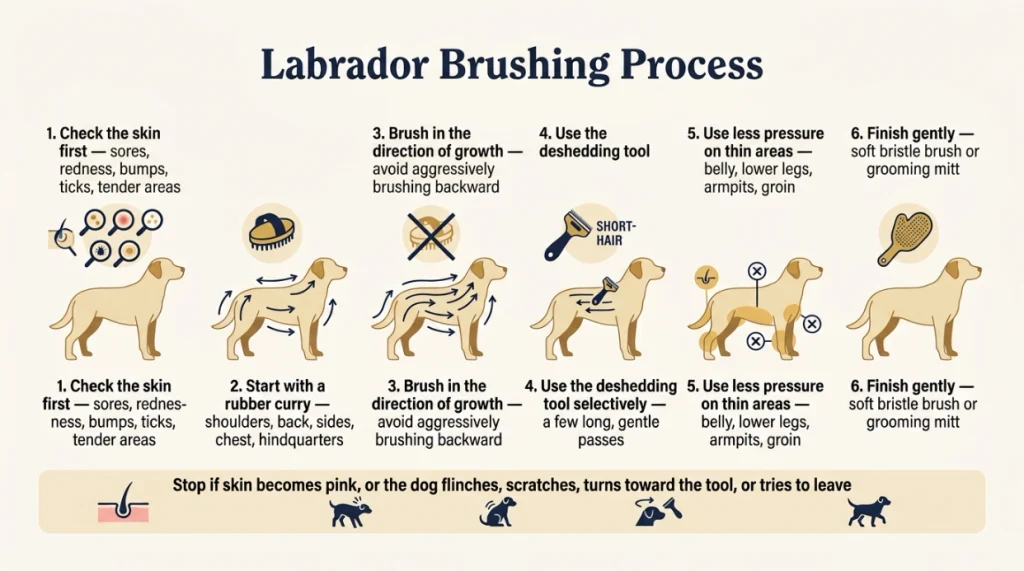 Owner gently brushing a Labrador with the coat while checking skin for irritation