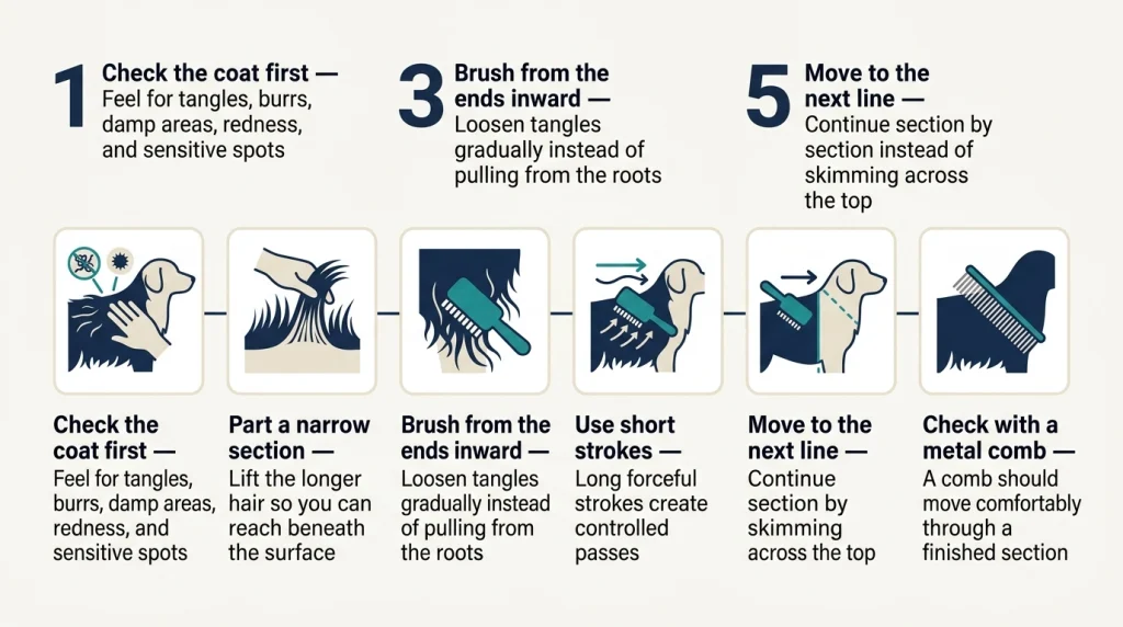 Six-step infographic showing how to brush a long-haired dog without painful pulling