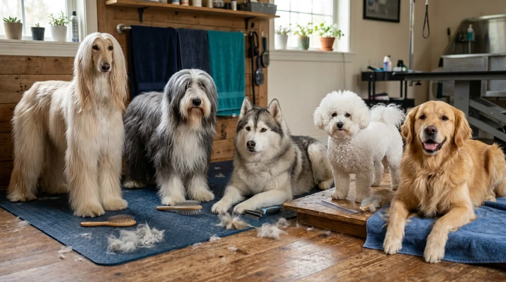 Groomer gently line brushing a long-haired dog with slicker brush and metal comb