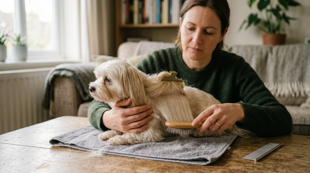 Owner gently brushing a silky dog coat in small sections from the ends upward