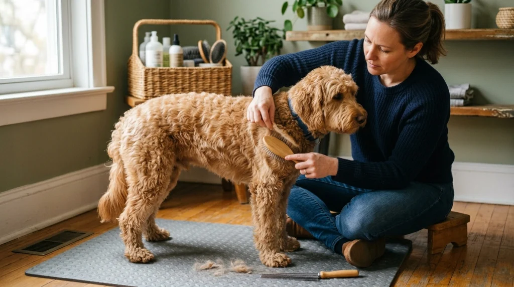 Owner brushing a wavy dog coat in small sections from the ends toward the roots