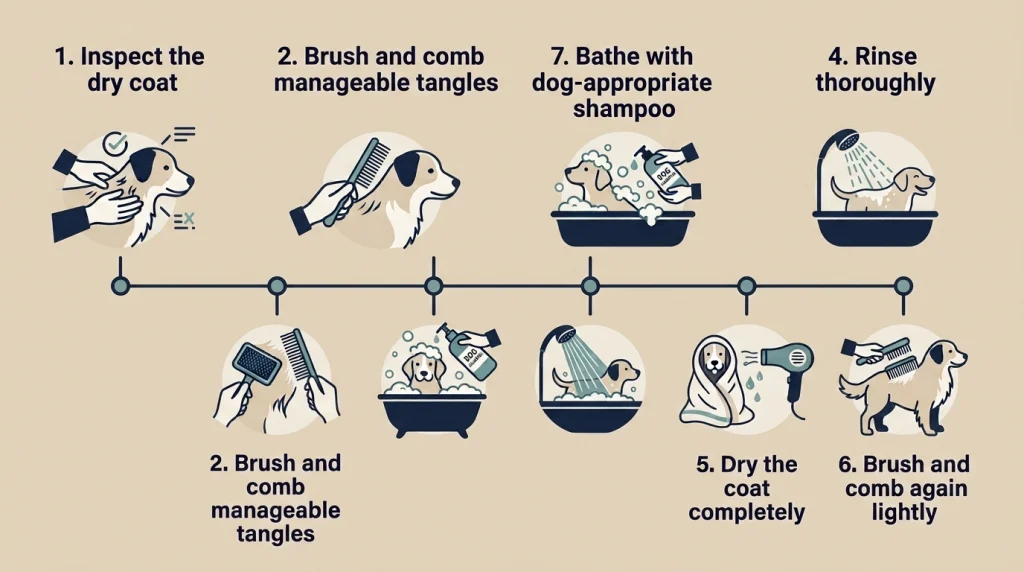 Infographic showing six steps for brushing a wire dog coat before and after bathing
