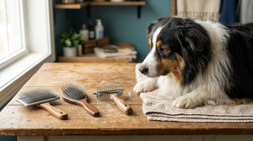  Slicker brush, pin brush, and undercoat rake beside a long-haired dog