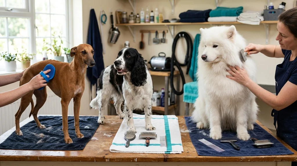 Three dog coat densities shown with rubber brush, slicker, comb, and undercoat rake