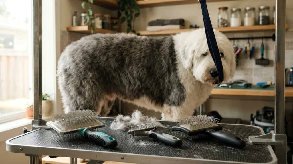 Long-pin slicker brushes and undercoat rake beside a thick-coated dog