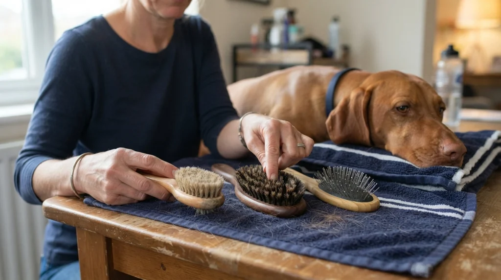 Dog owner comparing bristle firmness, handle comfort, size, and combination brush designs