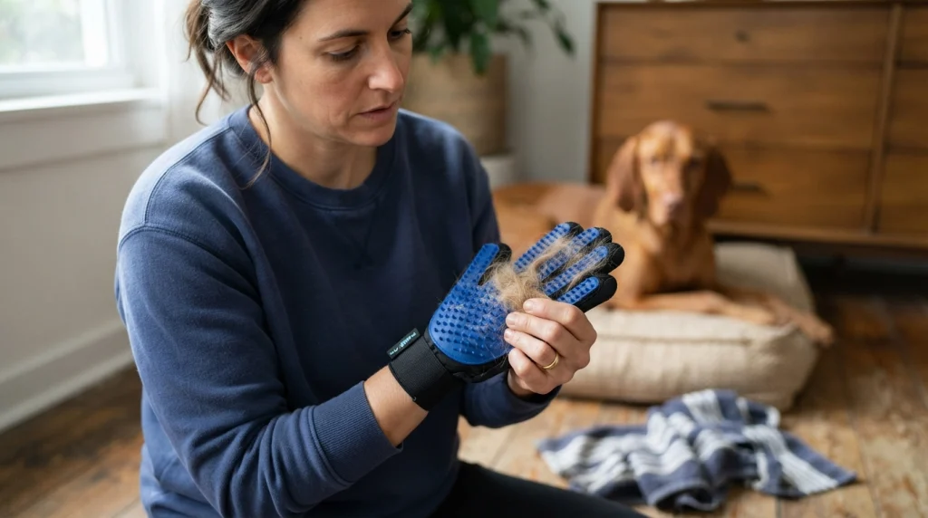 Close-up of soft tips, secure wrist strap and proper fit on a dog grooming glove
