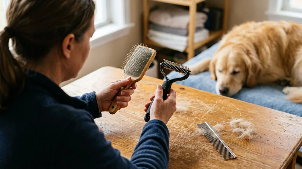 Owner checking key features when buying the best brush for a double-coated dog.