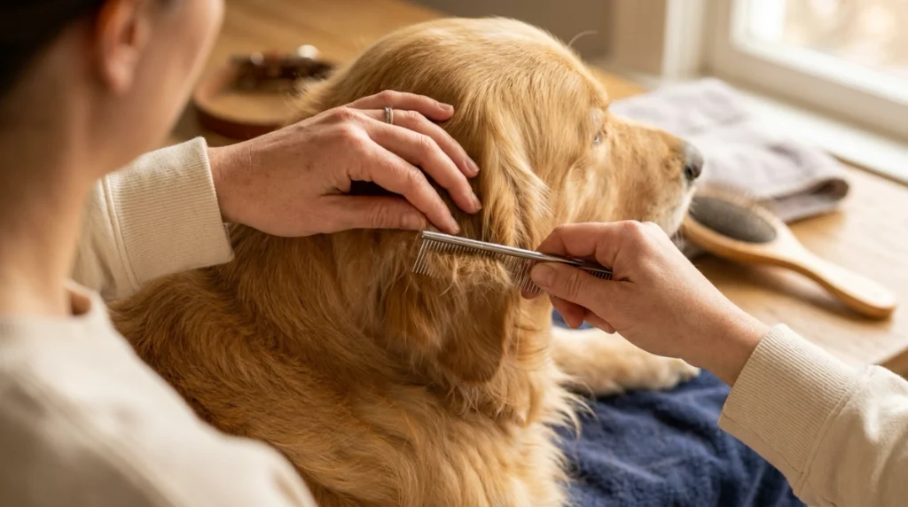Brushing behind a Golden Retriever's ear to prevent mats and coat tangles