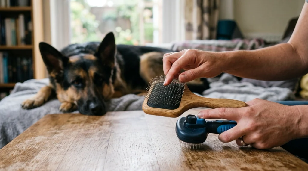 Dog owner checking brush quality before buying