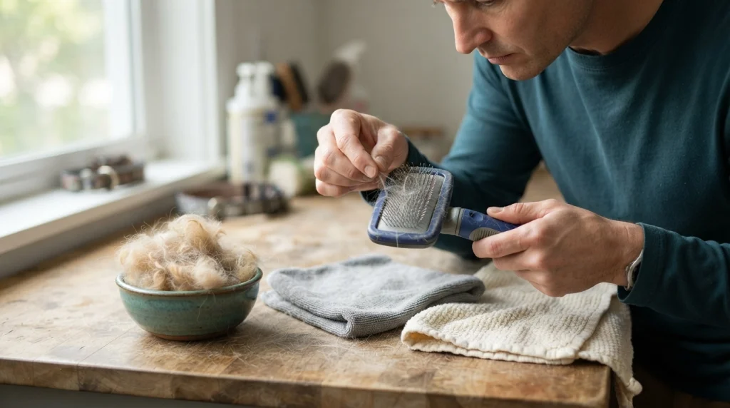  Owner cleaning trapped fur and checking pins on a self-cleaning dog brush after grooming