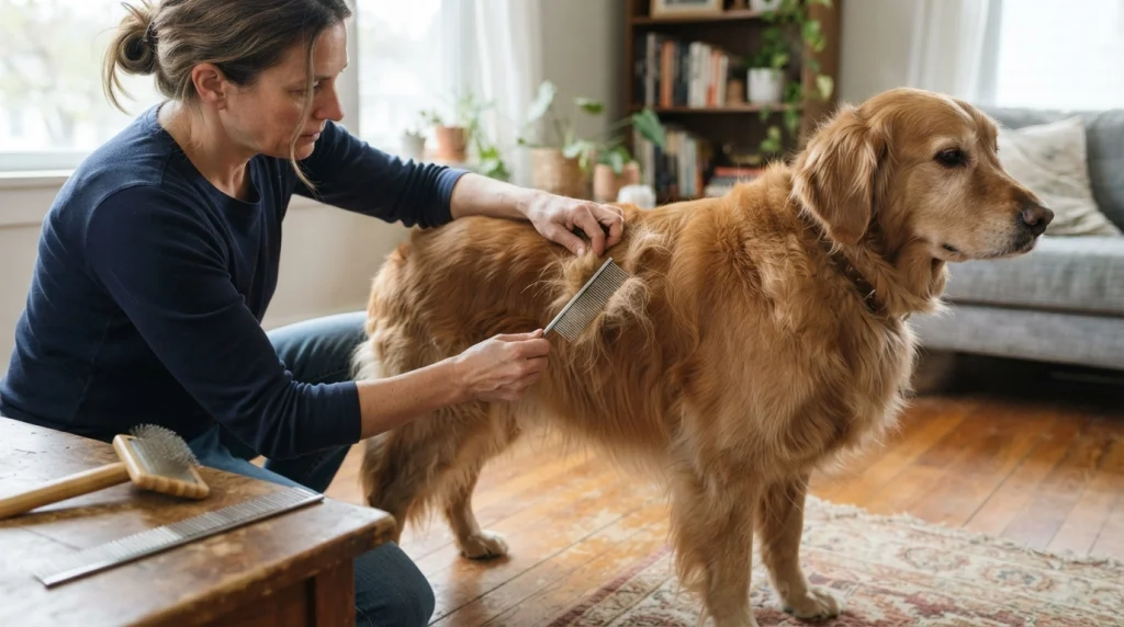 Groomer pauses at a coat tangle instead of forcing a dog grooming comb through it