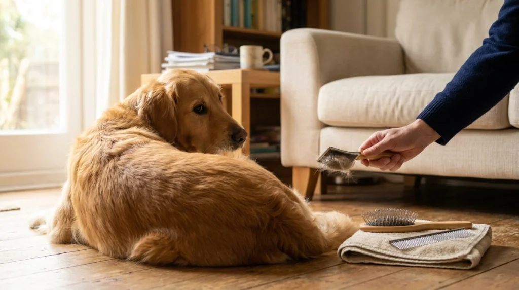 Owner correcting a common Golden Retriever brushing mistake during gentle coat grooming
