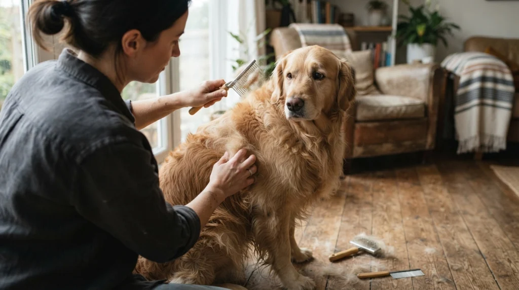 Dog owner stopping a grooming rake at a tangle instead of pulling forcefully