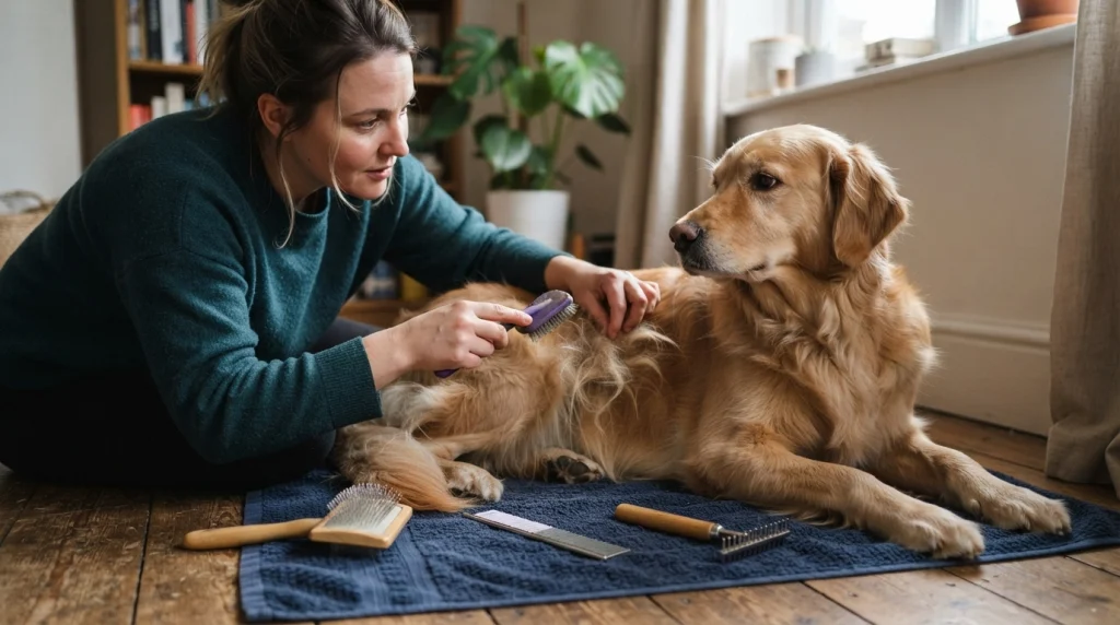 Owner pauses slicker brushing at a small tangle instead of forcing the brush through the coat