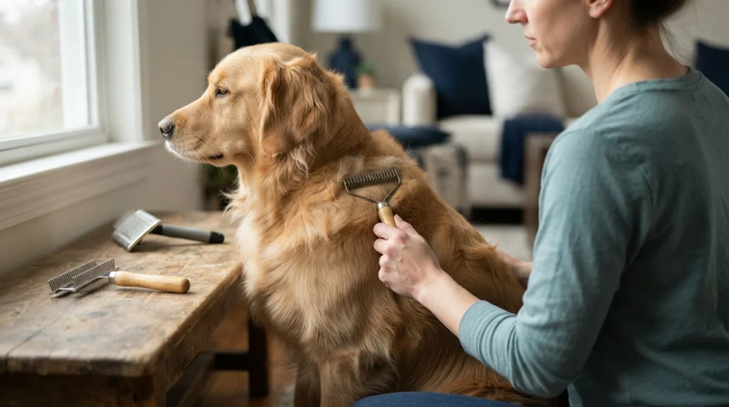 Owner stopping an undercoat rake at resistance instead of forcing it through tangled dog fur