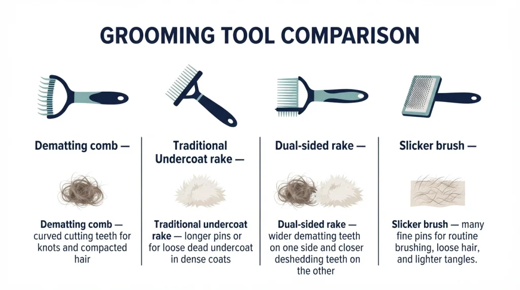 Comparison infographic of dematting comb, undercoat rake, dual rake, and slicker brush