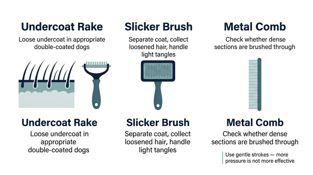 Three-step infographic showing undercoat rake, slicker brush, and metal comb for double coats
