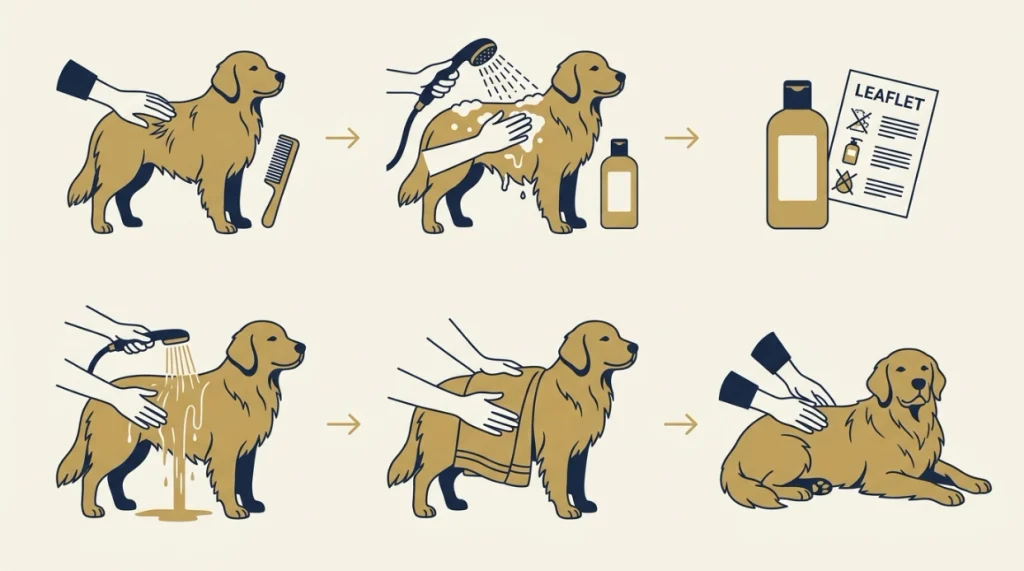 Six pictorial steps show checking, washing, rinsing, towel pressing, and drying a Golden Retriever.