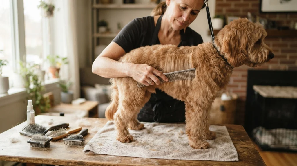 Steel dog grooming comb beside slicker, pin, curry and undercoat grooming tools