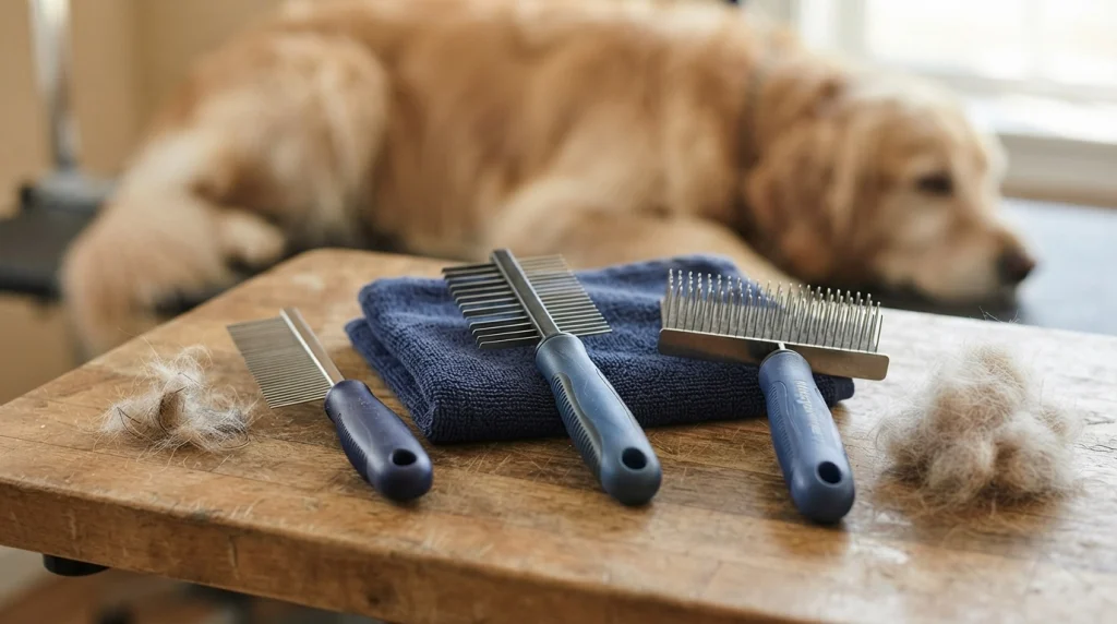 Five-step safety infographic for inspecting, separating, and finishing a matted dog coat.