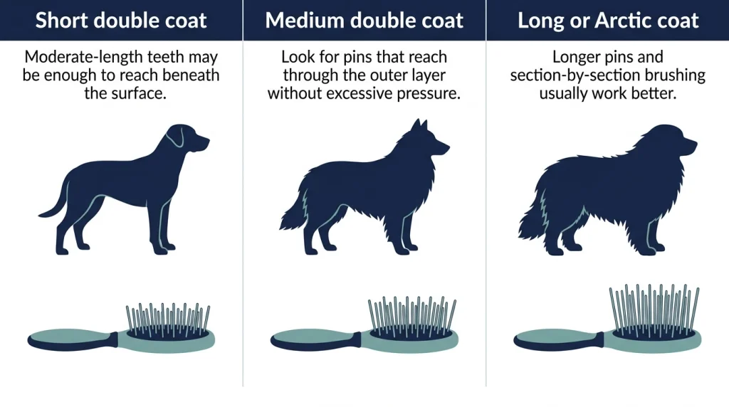 Comparison of brush pin lengths for short, medium, and long double-coated dogs