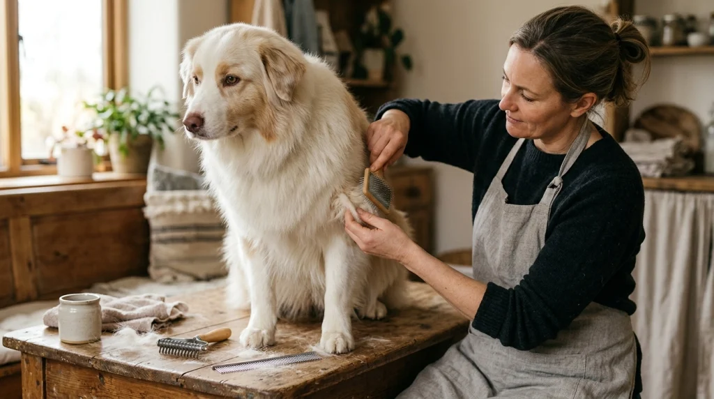 Owner gently stopping at a snag while brushing a dense double-coated dog