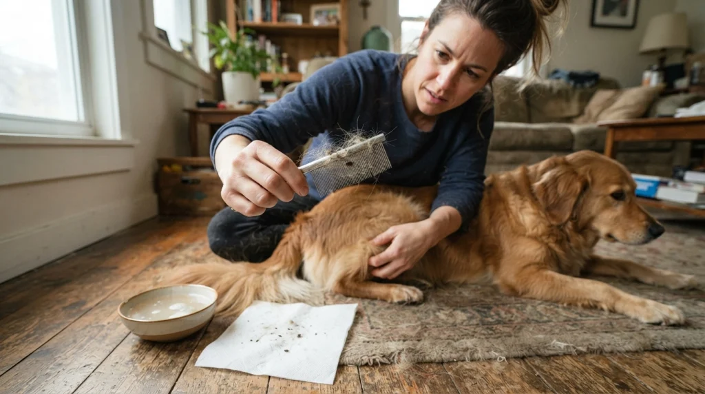 Flea comb removing fleas, flea dirt, loose hair, and debris from a dog's coat