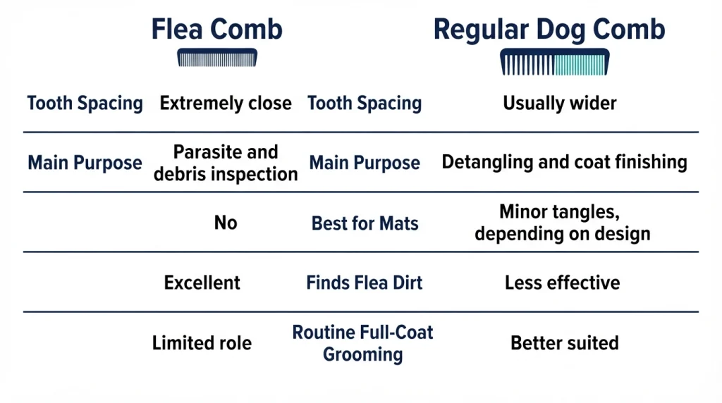 Flea comb vs regular dog comb comparison covering teeth, flea dirt, mats, and grooming