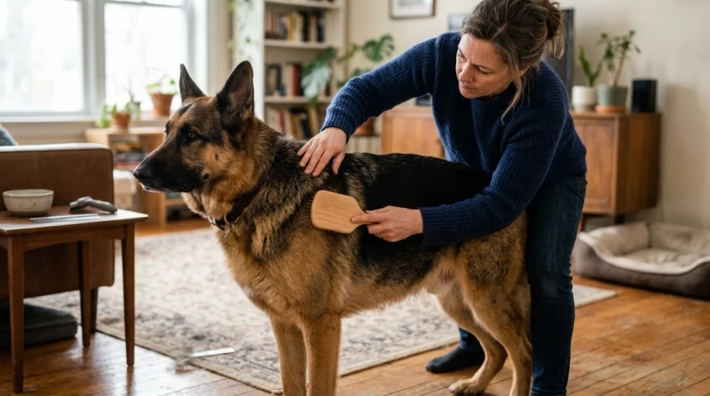 Owner following a gentle German Shepherd brushing routine at home