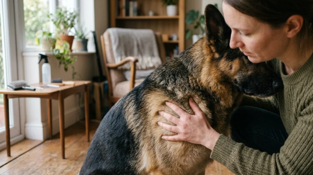Owner examining German Shepherd guard hairs and undercoat