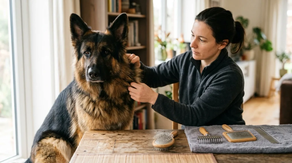 German Shepherd coat layers with grooming brushes