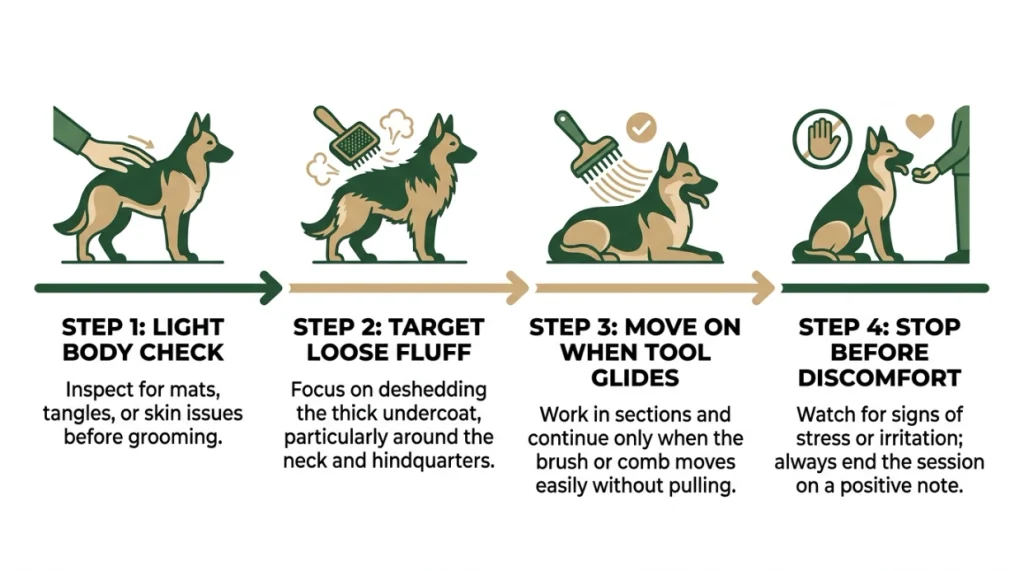 Process infographic for safe German Shepherd deshedding