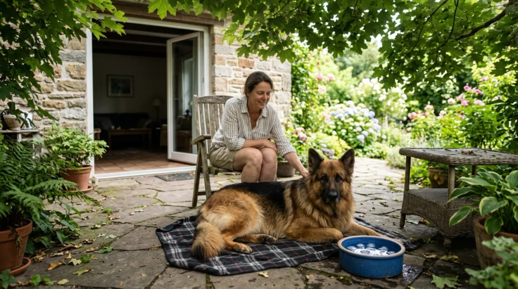 German Shepherd with natural coat resting in shade